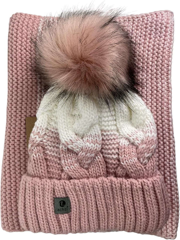 kennydoo Mütze & Schal Set achti I 2 teilig I Damen Kombi - Beanie mit grossem Bommel und Loop I kus