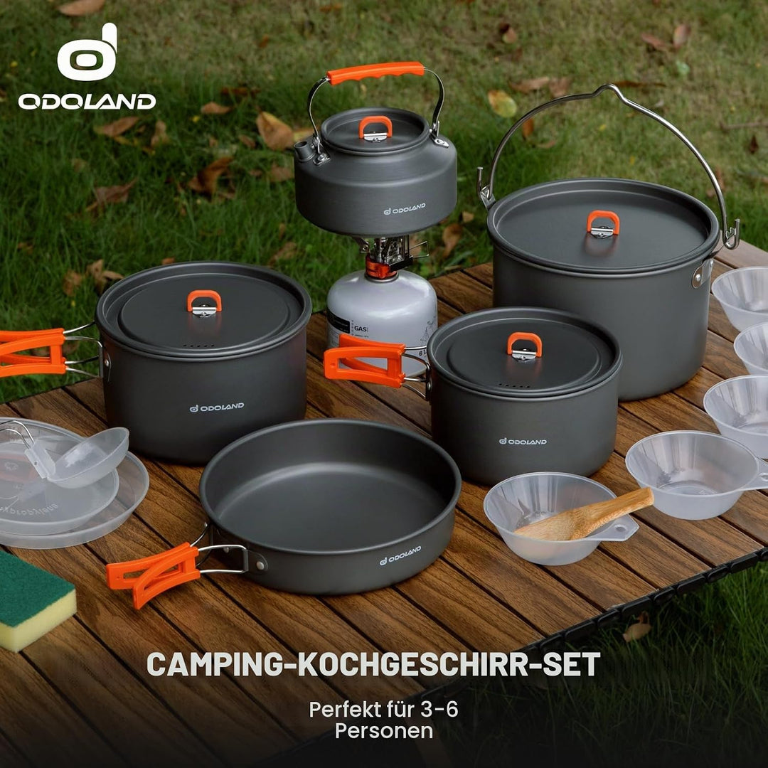 Odoland Camping Kochgeschirr Set 16 Teilig, Outdoor Geschirr Set mit 3 Topfe, Bratpfanne und Wasserk