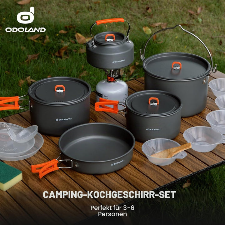 Odoland Camping Kochgeschirr Set 16 Teilig, Outdoor Geschirr Set mit 3 Topfe, Bratpfanne und Wasserk