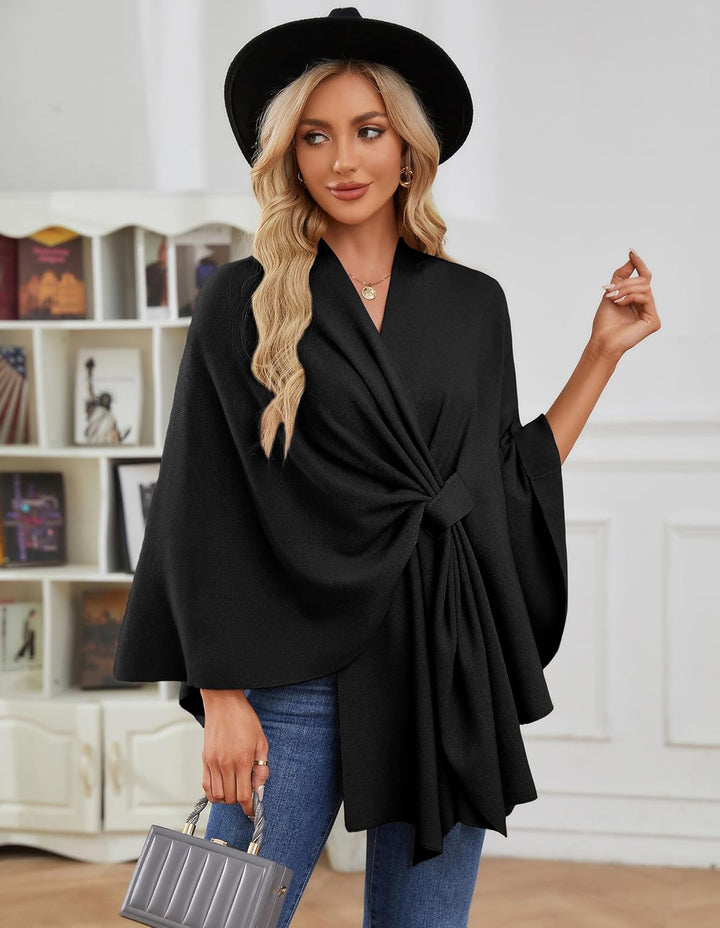 PULI Damen Elegant Poncho Strick Ponchos Capes Vorne öffnen Vielseitige Schalwickel mit Lasche Schwa