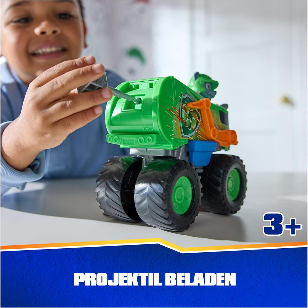 PAW PATROL Rescue Wheels - Rockys Recycling Monstertruck mit Geschoss-Abwurf und Rocky Hundefigur, S