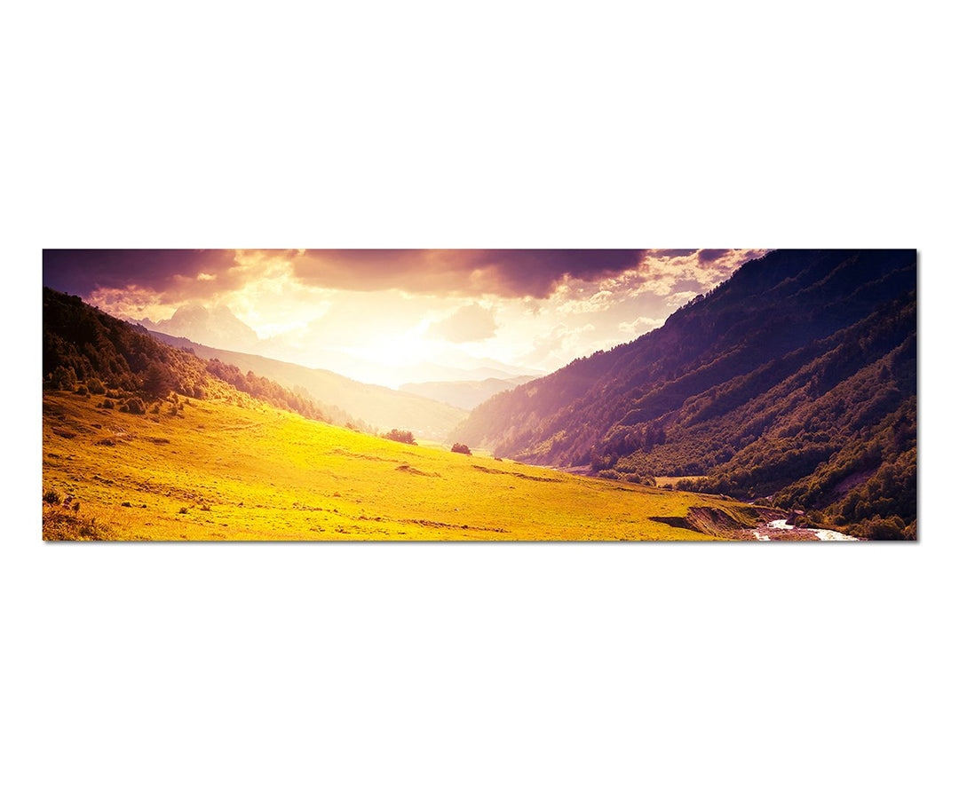 Paul Sinus Art Panoramabild auf Leinwand und Keilrahmen 150x50cm Kaukasus Berge Wiese Sonnenuntergan