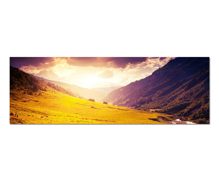 Paul Sinus Art Panoramabild auf Leinwand und Keilrahmen 150x50cm Kaukasus Berge Wiese Sonnenuntergan
