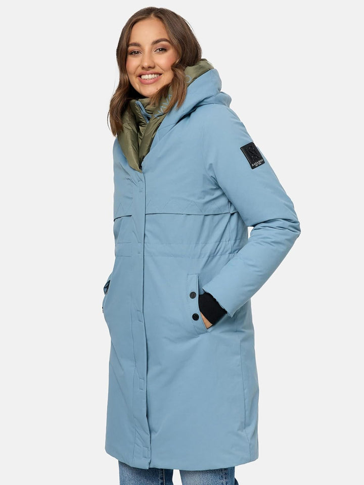Navahoo Damen Mantel Lange warme Winter Steppjacke mit Kapuze Snowelf XS-XXL S Powder Blue, S Powder