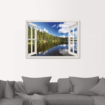 ARTland Leinwandbilder Wandbild Bild Leinwand 100x70 cm Fensterblick Wald See Landschaft Norwegen Na