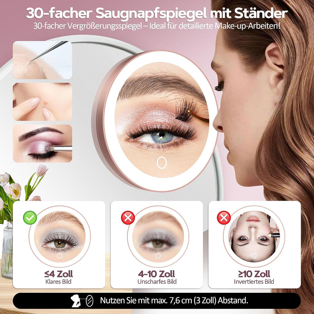 MOMOKUBA Vergrösserungsspiegel mit Saugnapf, 30-Fach Spiegel mit Beleuchtung, 3 Farben beleuchtbar u