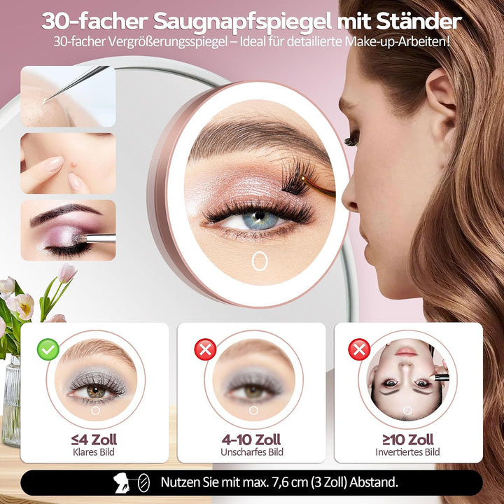 MOMOKUBA Vergrösserungsspiegel mit Saugnapf, 30-Fach Spiegel mit Beleuchtung, 3 Farben beleuchtbar u