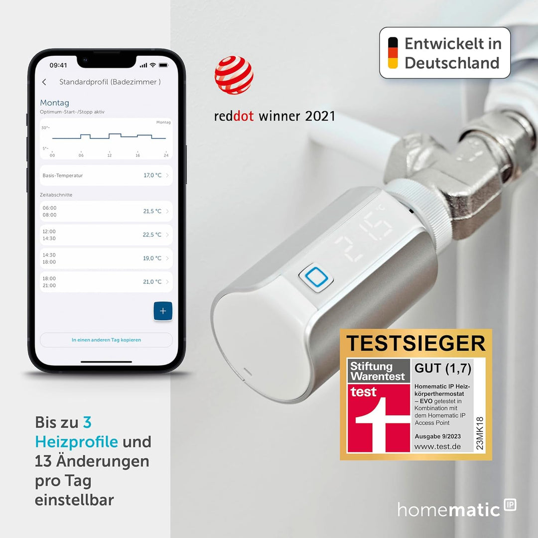 Homematic IP Smart Home Heizkörperthermostat – Evo, Silber, digitaler Thermostat Heizung, Steuerung