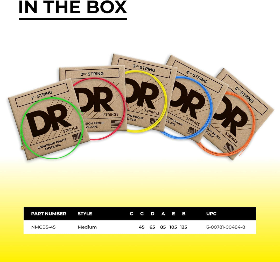 DR Strings HiDef Neon Multi-Color 5-String Bass (NMCB5-45) Neon Multi: 5-saitige Medium 45-125, Neon