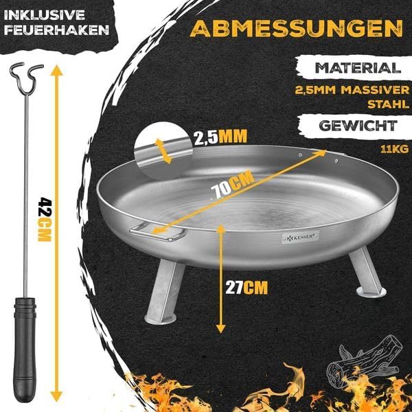 KESSER® Feuerschale 2,5mm Stahldicke | Feuerkorb Ø70cm Edelstahl | Feuertonne +42cm Feuerhaken Gusse