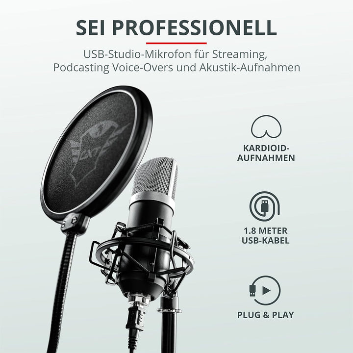 Trust Gaming GXT 252 Emita Studio Mikrofon mit Transportkoffer, Nierencharakteristik, USB Mikrofon f