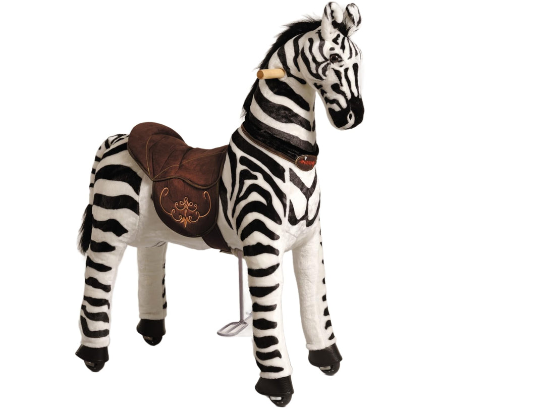 PONNIE Reitpferd mit Rollen Zebra M (5-12 Jahre), Spielpferd zum Reiten mit Abnehmbarer Braun Sattel