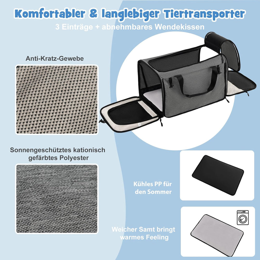 SORAS Transportbox Katze 57 x 34 x 34 cm, Flatbare Transporttasche für Hund mit Rädern, Teleskopgrif