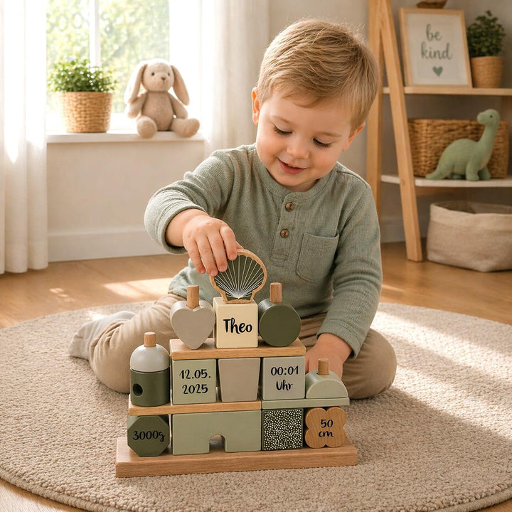 Personalisiertes Holz Steckspiel Haus Olivgrün – Baby Geschenk zur Geburt für Jungen & Mädchen – mit