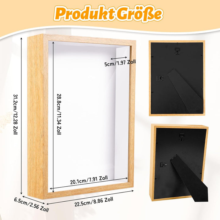 3D Bilderrahmen zum Befüllen Tiefer 5cm, Holz-Schattenbox 31x22,5 cm, Objektrahmen für Wand & Deskto