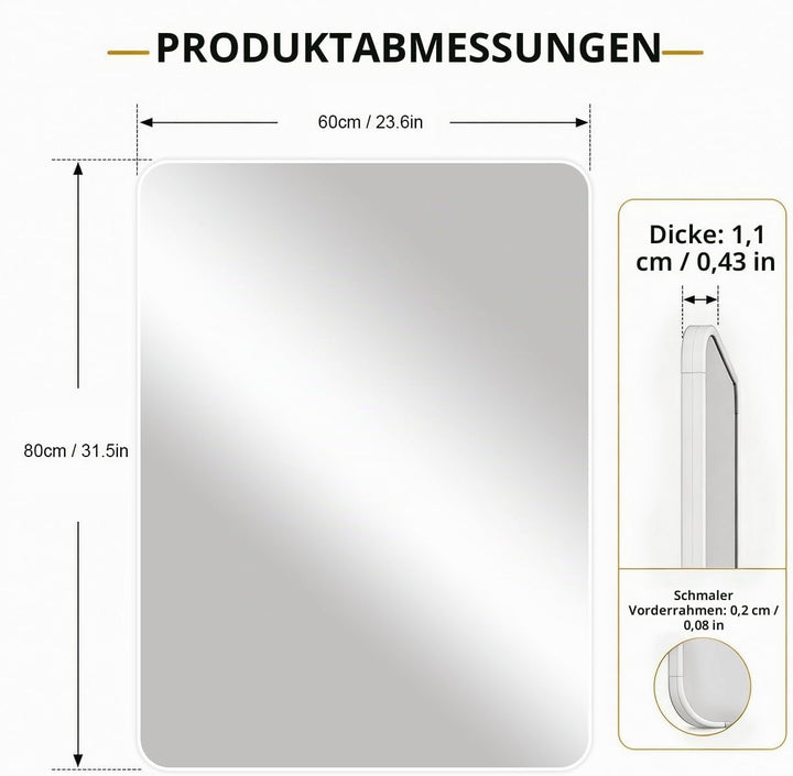 Weisser Rahmenspiegel 60 x 80 cm, grosser Badezimmer-Wandspiegel, rechteckiger Badezimmerspiegel zur