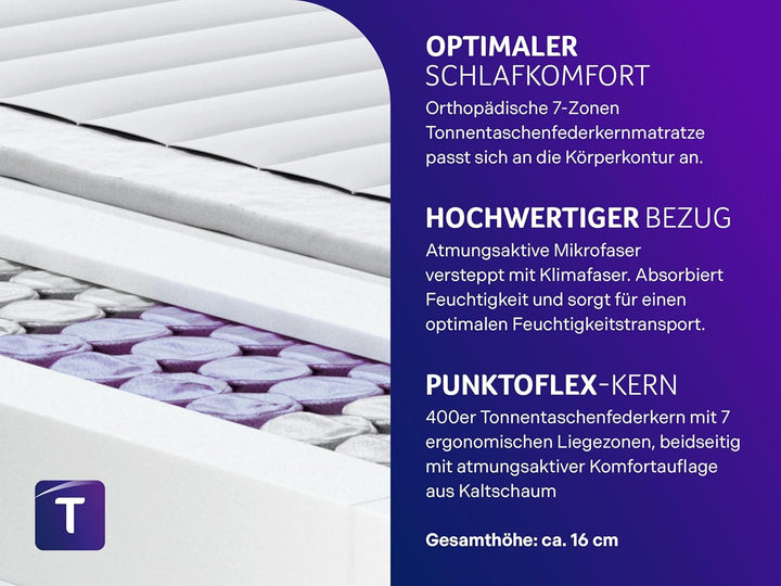 Traumnacht Orthopädische 7-Zonen Tonnentaschenfederkernmatratze, Härtegrad 3 (H3), 80 x 200 cm, Öko-