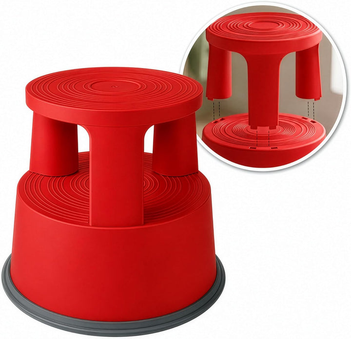 Office Marshal Rollhocker Kunststoff Elefantenfuss rot, Rutschfester Tritthocker mit Rollen, mobiler