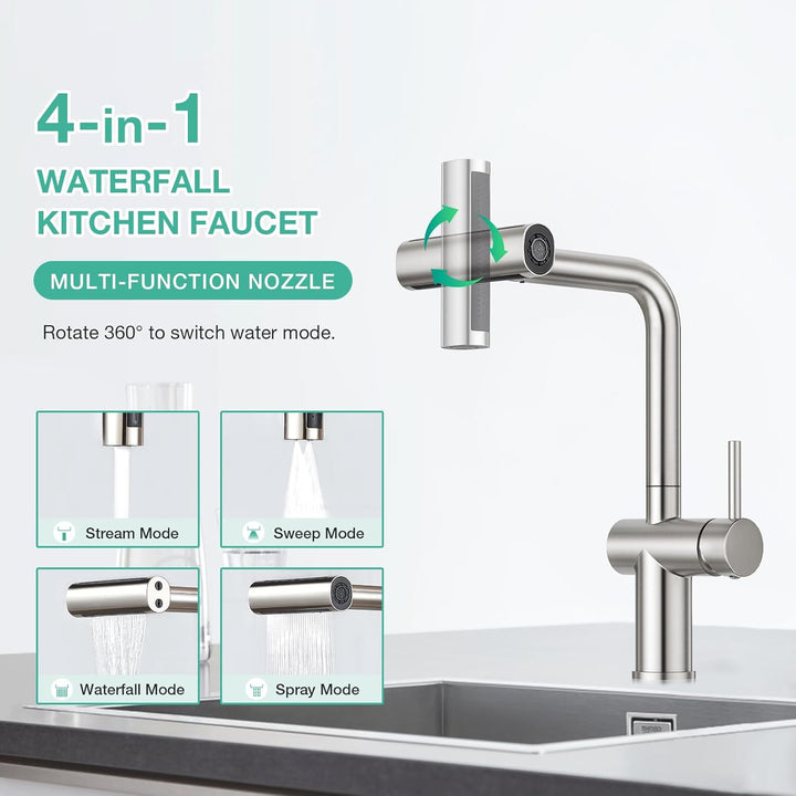 Faustina Küchenarmatur mit 4-Wasserstrahlarten-Brause Ausziehbar, Hochdruck Einhebelmischer Armatur