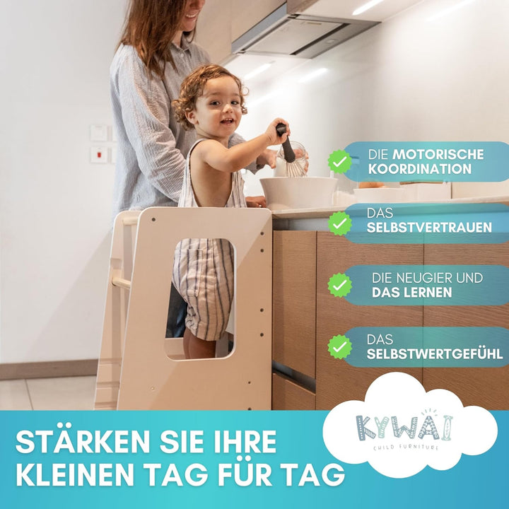 Montessori Lernturm ab 1 Jahr, aus robustem Holz, Premium-Modell in Grossformat, Learning Tower mit