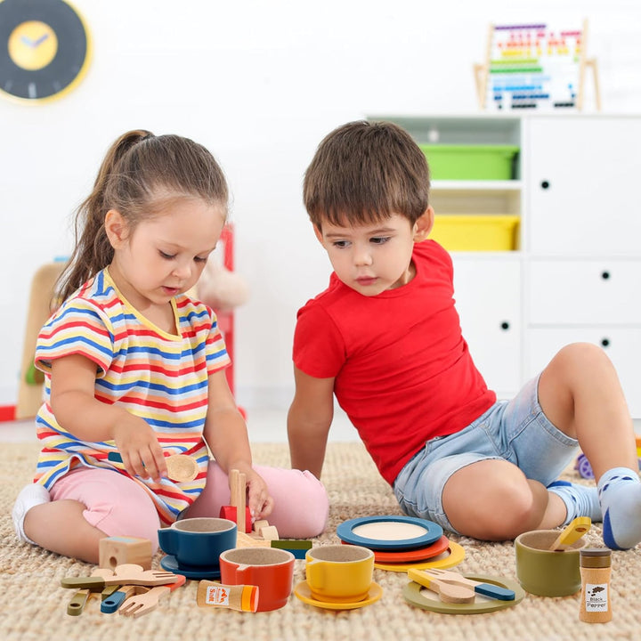 26PCS Holzgeschirr Sett, Kinderküche Zubehör, Spielküche Geschirr für Kinder, Küche Zubehör Kinder,
