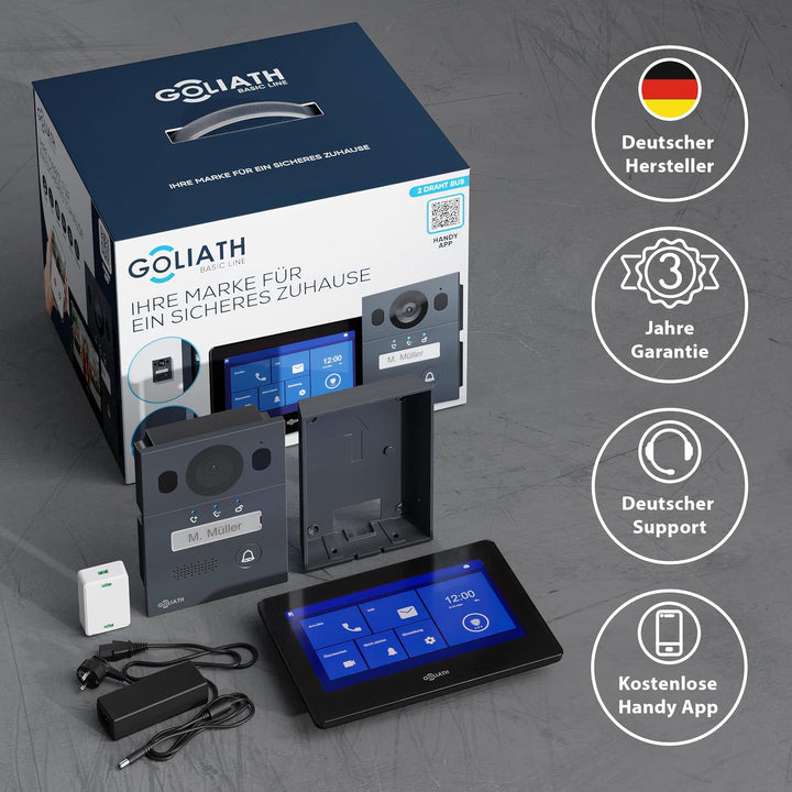 Goliath Basic Video Türsprechanlage, 2 Draht Bus, 7 Zoll Monitor, Aufputz Türklingel mit Kamera, Geg