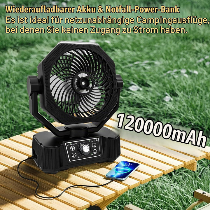 Camping Ventilator mit Wasserkühlung, Solarpanel, licht, 12000mAh Solarventilator Outdoor, Wiederauf