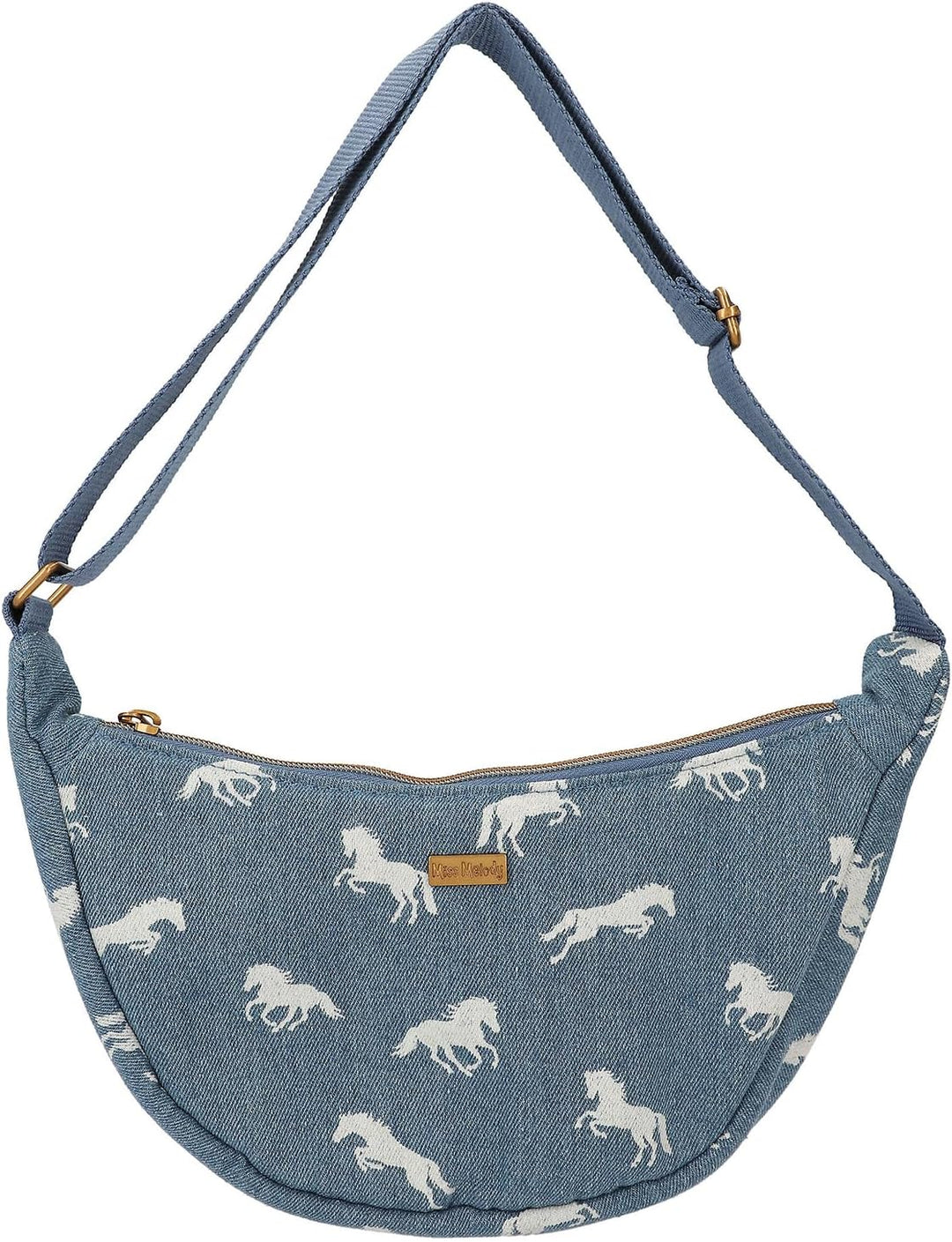 Depesche 12873 Miss Melody Denim - Kleine Halbmond Umhängetasche aus Jeans, mit Pferde Muster, Dunke