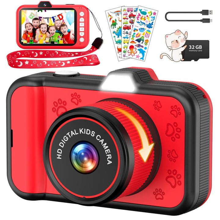Ushining Kinderkamera, 3,5" Grossbildschirm Kinder Kamera mit 360° Drehbares Zoomobjektiv LED-Blitz