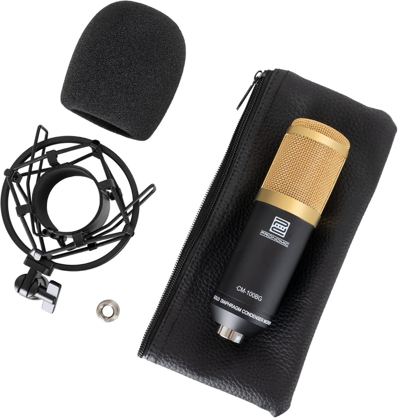 Pronomic CM-100BG Studio Grossmembranmikrofon XLR-Kondensatormikrofon (mit Mikrofonspinne, Etui, Win