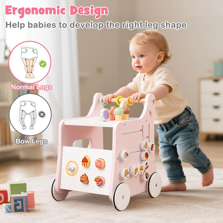 DREAMADE Lauflernwagen Holz, 6-in-1 hölzerne Lauflernhilfe, Baby Walker mit Blöcken & Zubehör, Lernl