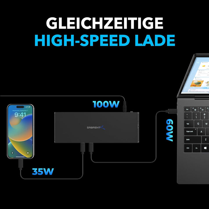 SABRENT USB C Dockingstation mit netzteil, 2 HDMI + 2 DP, 5K / 4K@60Hz, PD 60W, RJ45 Ethernet, USB P