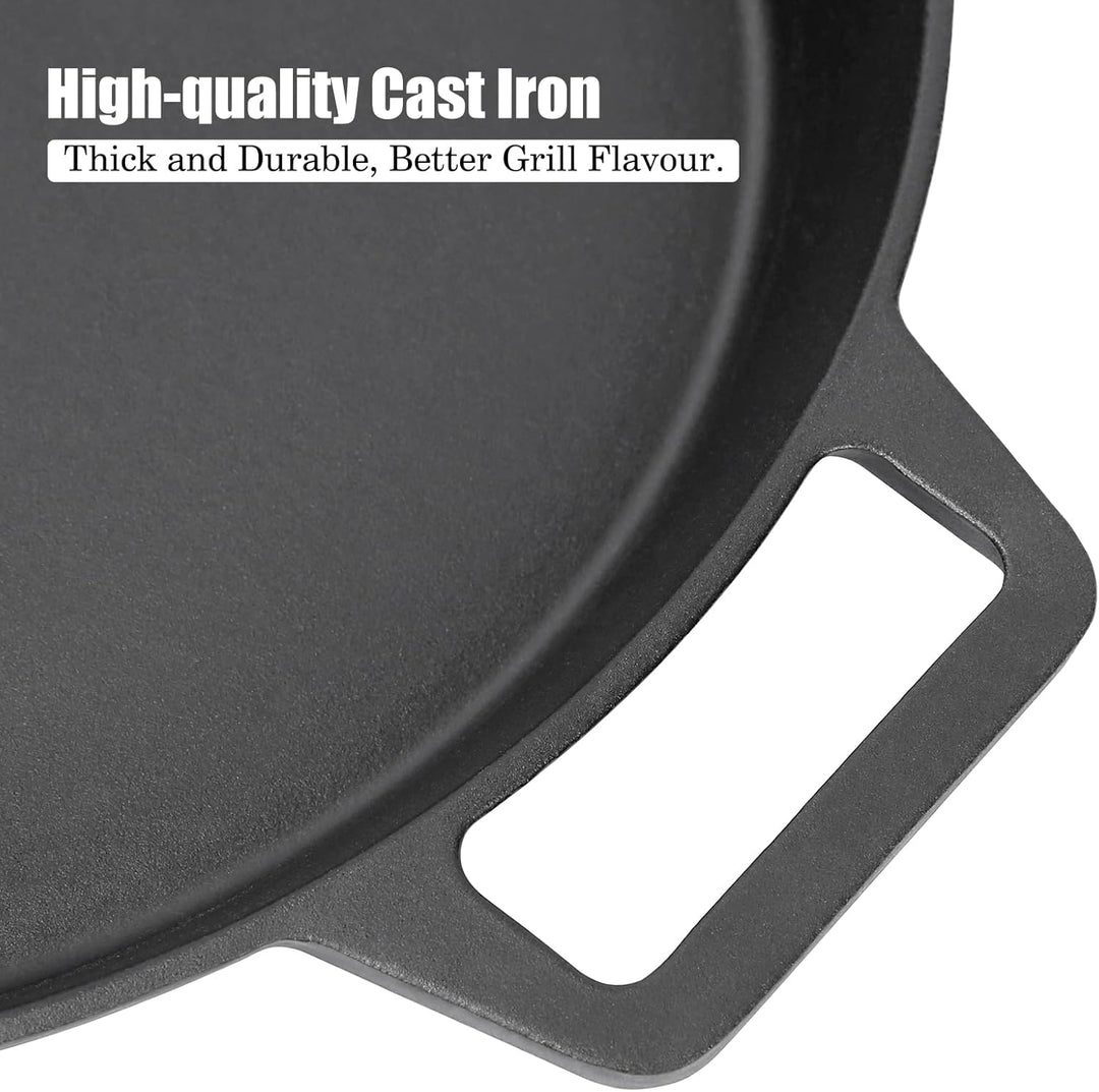 Denmay Ø 40cm Universal Gusseisen Grillpfanne, gross rund Gusspfanne mit zwei Griffe und zwei Ausgie