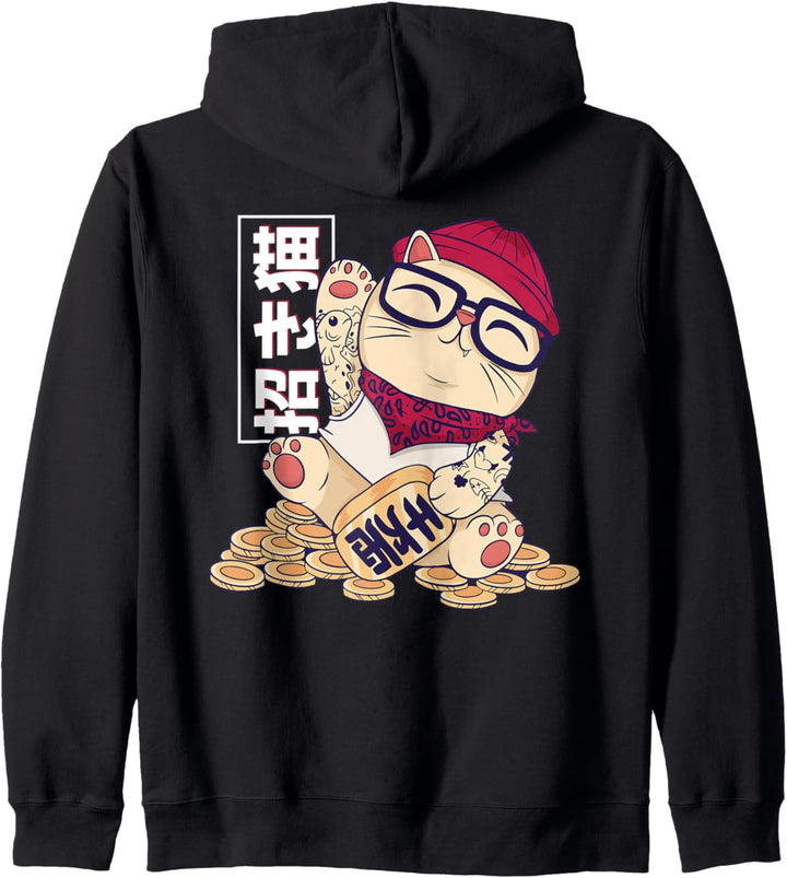 MANEKI NEKO Japanisch Katze Winkekatze die auf Münzen sitzt Kapuzenjacke