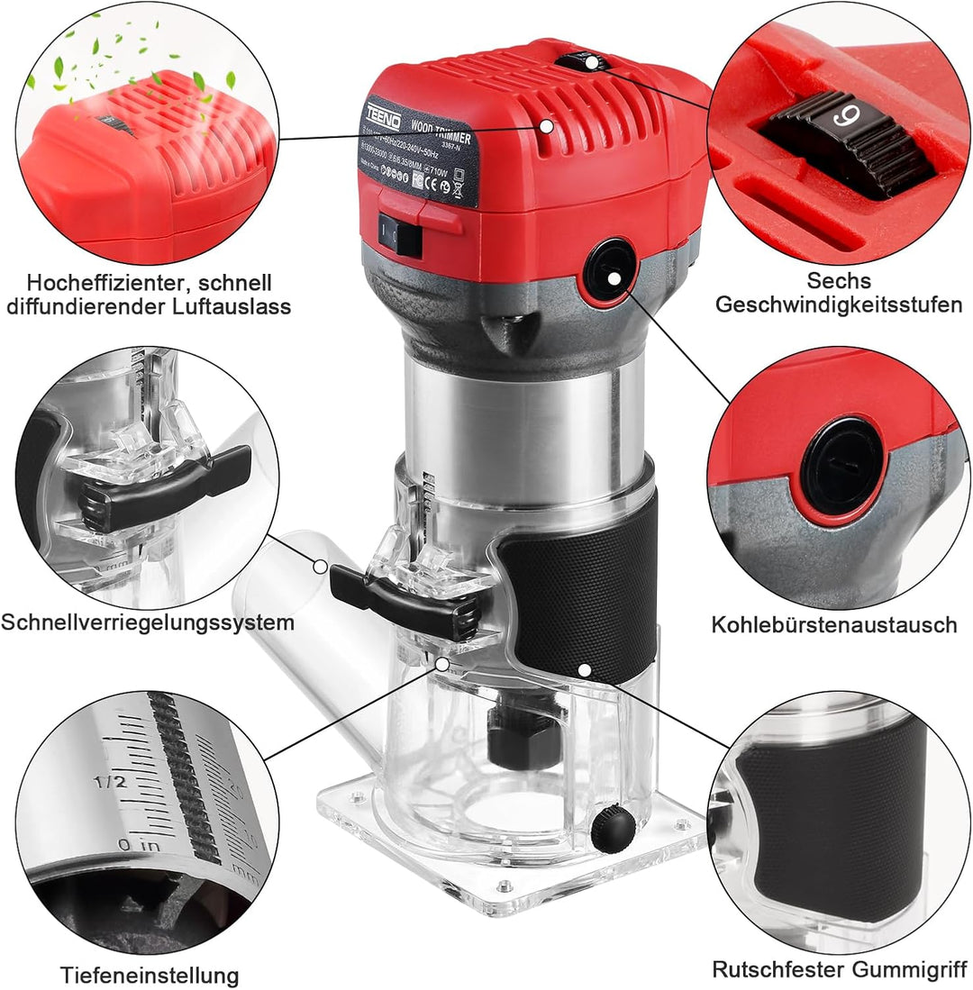 TEENO Holzfräse Oberfräse 710W 13000–33000 U/min mit Staubabsaugungsanschluss, Elektrik Kantenfräse