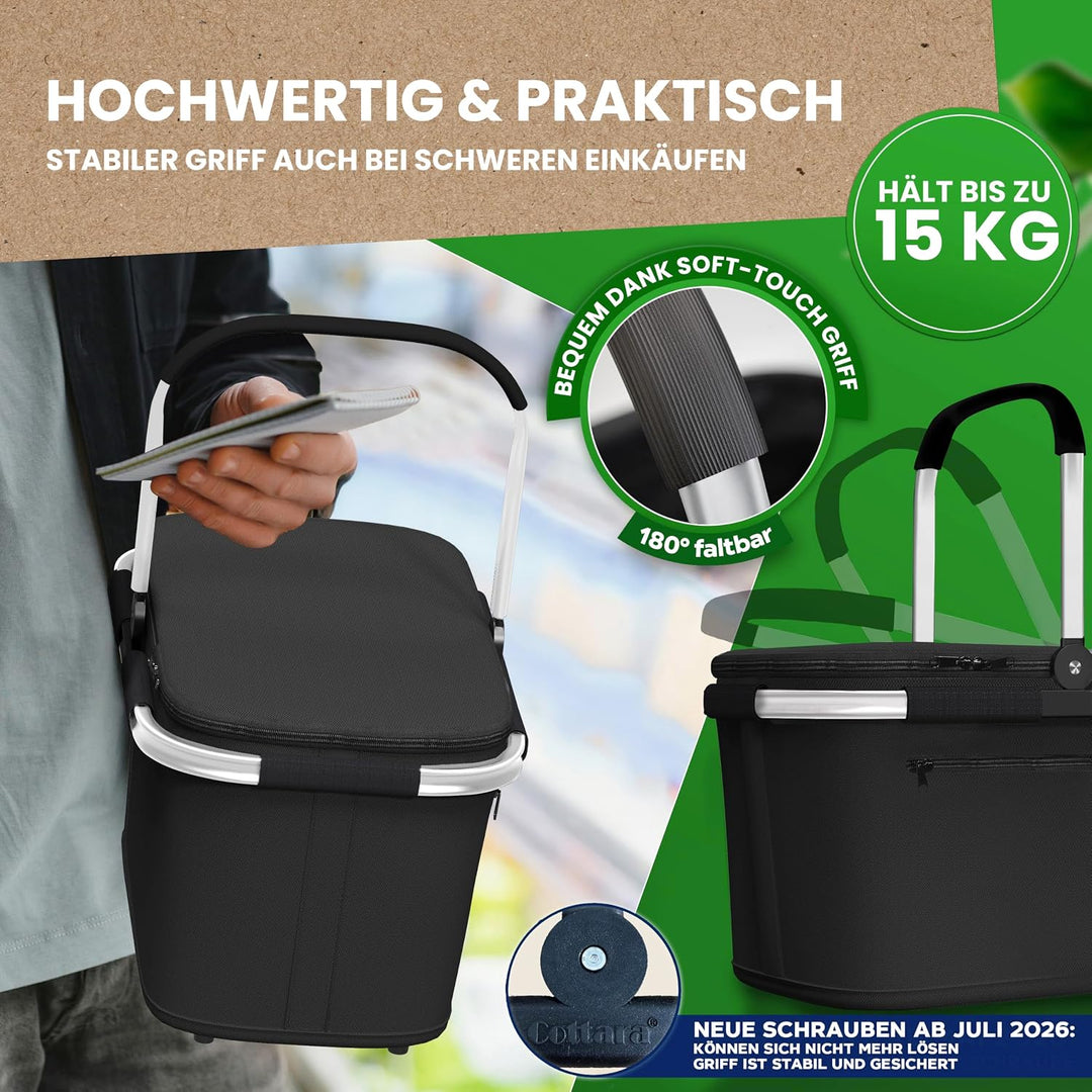 COTTARA Thermo Einkaufskorb mit Deckel – Korb Kühltasche mit Deckel, Silber Schwarz Silber, Schwarz