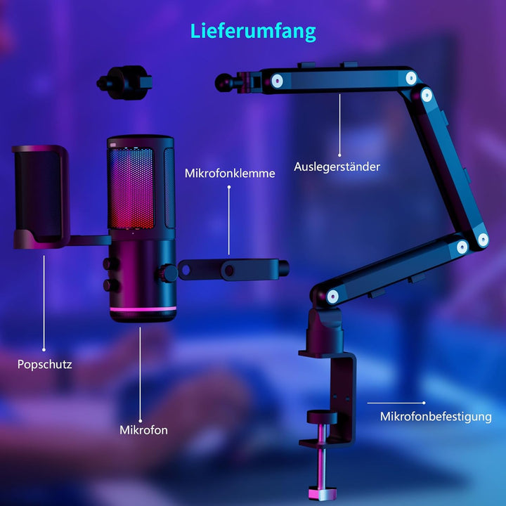 K KASONIC RGB Mikrofon für Gaming mit Boom Arm, Home Studio Kondensatormikrofon für PC, 24bit 192kHz