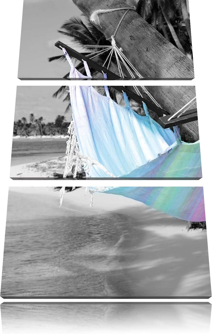 Pixxprint traumhafte Hängematte am Strand 3-Teiler Leinwandbild 120x80 Bild auf Leinwand