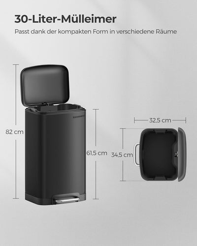 SONGMICS Mülleimer, 30 Liter Abfalleimer, Treteimer aus Stahl, mit Inneneimer und Deckel, Softclose,