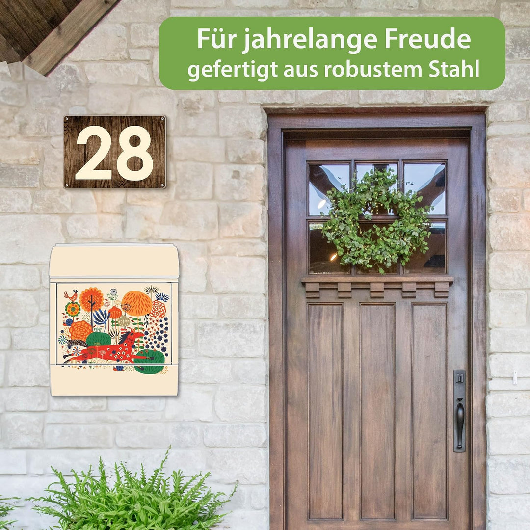 banjado® Design Briefkasten mit Motiv Rotes Pferd 39x47x14cm &amp; 2 Schlüssel - Briefkasten Stahl weiss