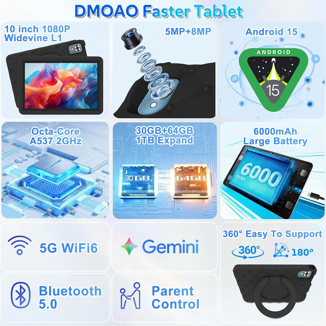 DMOAO Kinder Tablet 10 Zoll Android 15 mit 30GB RAM + 64GB ROM(2TB), 5G WLAN 6, Widevine L1, Elterli