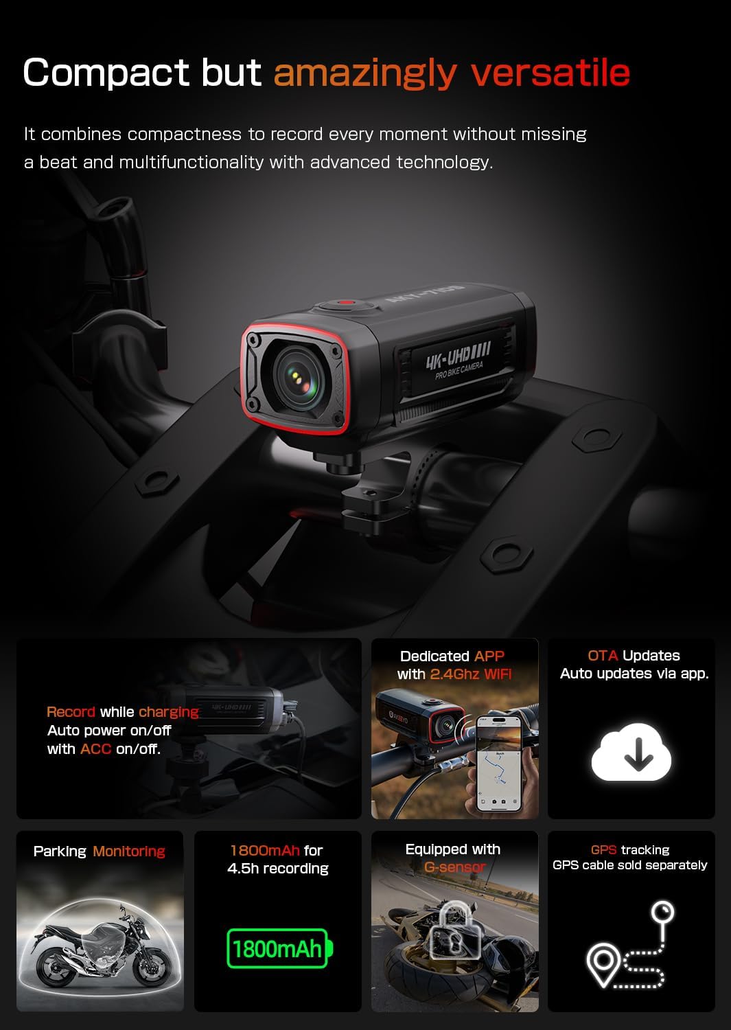 AKEEYO AKY-710S Motorrad-/Fahrradkamera 4K 28fps, 2K 55fps, Weitwinkel 142°, IP67, 5MP, Loop & Emerg