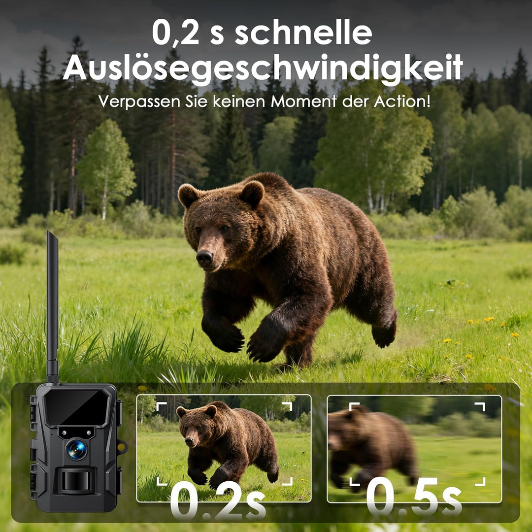 WOLFANG Wildkamera 2K 48MP, 4G LTE Live-Solar-Übertragung Wildkamera mit Handyübertragung-App, Echtz