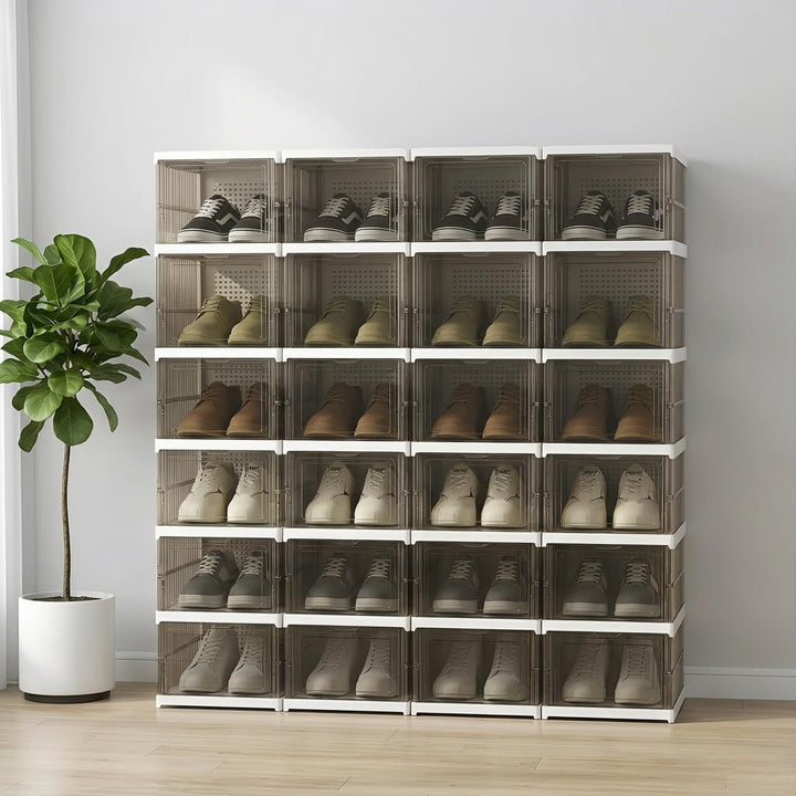 Schuhboxen Stapelbar, 24 Ebenen, Transparent, Faltbar, Dickem Kunststoff, für Sneaker bis Grösse 46,