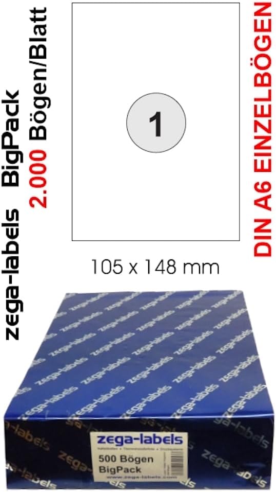 2.000 Etiketten 105 x 148 mm selbstklebend einzeln = DIN A6 Bögen (1x1 Etikett DIN A6) - 2.000 Blatt