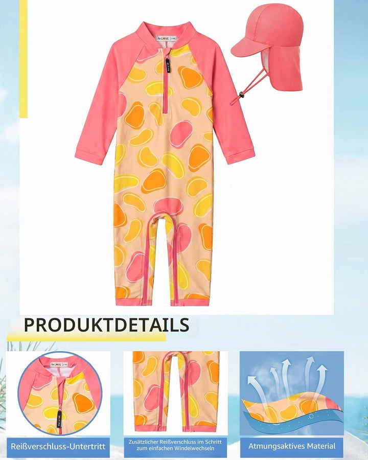 weVSwe Baby Mädchen Langarm Badeanzug UV-Schutz UPF 50+ Einteiler mit Kleinkind Sonnenhut Flap Cap 0