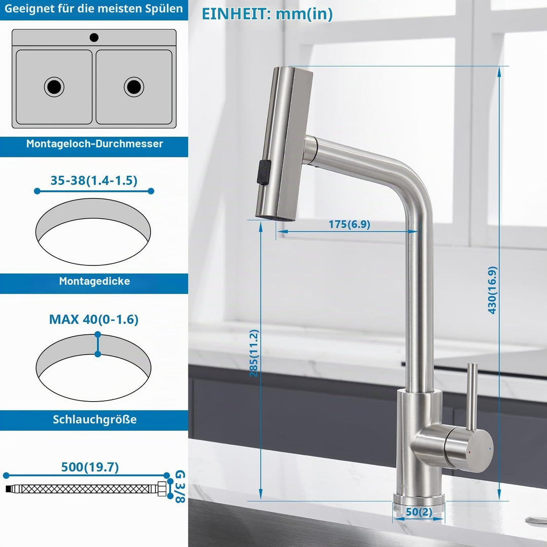 Ulytid Wasserhahn Küche Ausziehbar, Küchenarmatur mit Brause Ausziehbar 3 Modus, Hochdruck Armatur K