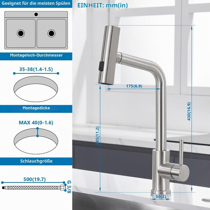 Ulytid Wasserhahn Küche Ausziehbar, Küchenarmatur mit Brause Ausziehbar 3 Modus, Hochdruck Armatur K