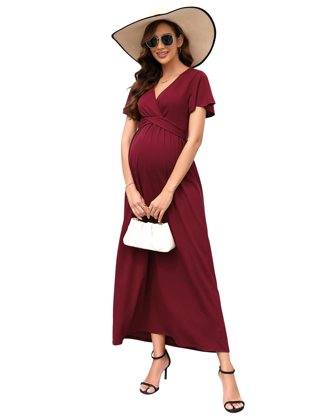KOJOOIN Damen Umstandskleid V-Ausschnitt Langes Stillkleid 3/4 Ärmel Casual Falten Schwangerschaftsk