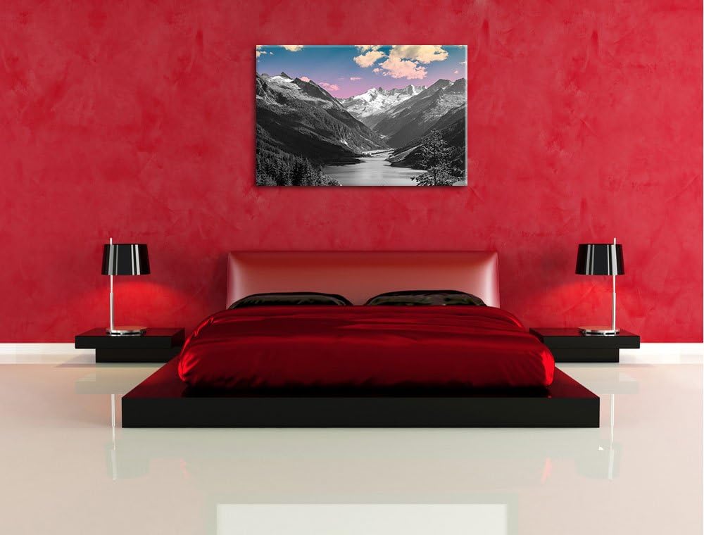 ruhiger See in verschneiter Berglandschaft schwarz/weiss Format: 100x70 auf Leinwand, XXL riesige Bi